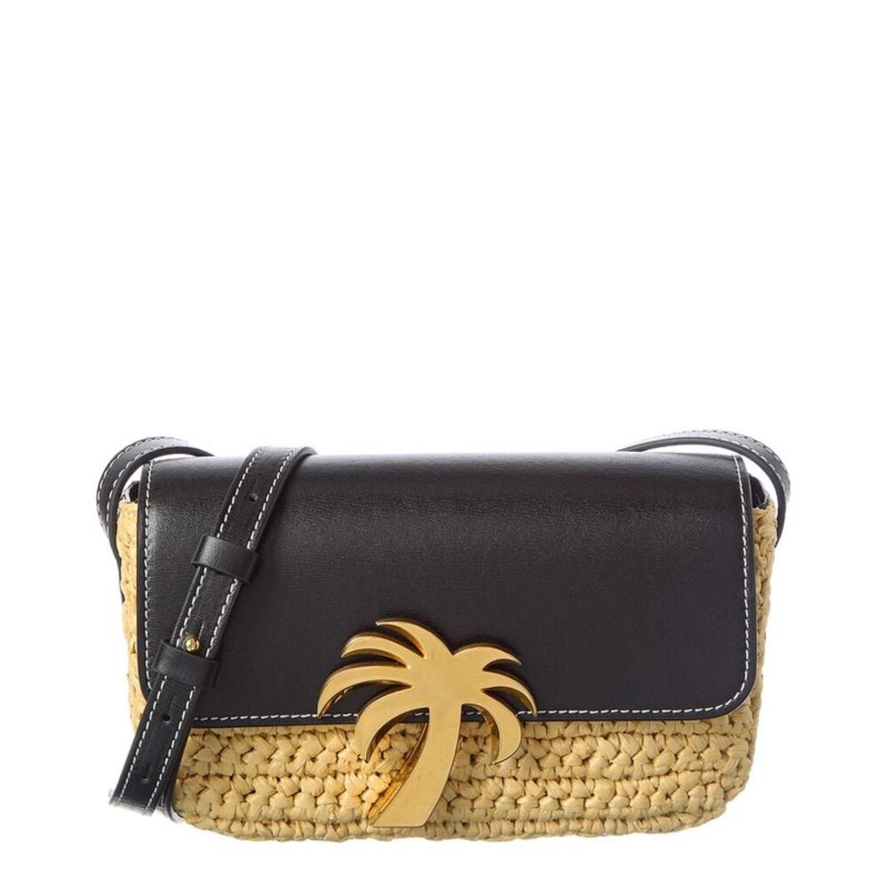 Palm Angels Palm Bridge Raffia & Leather Crossbody, Black